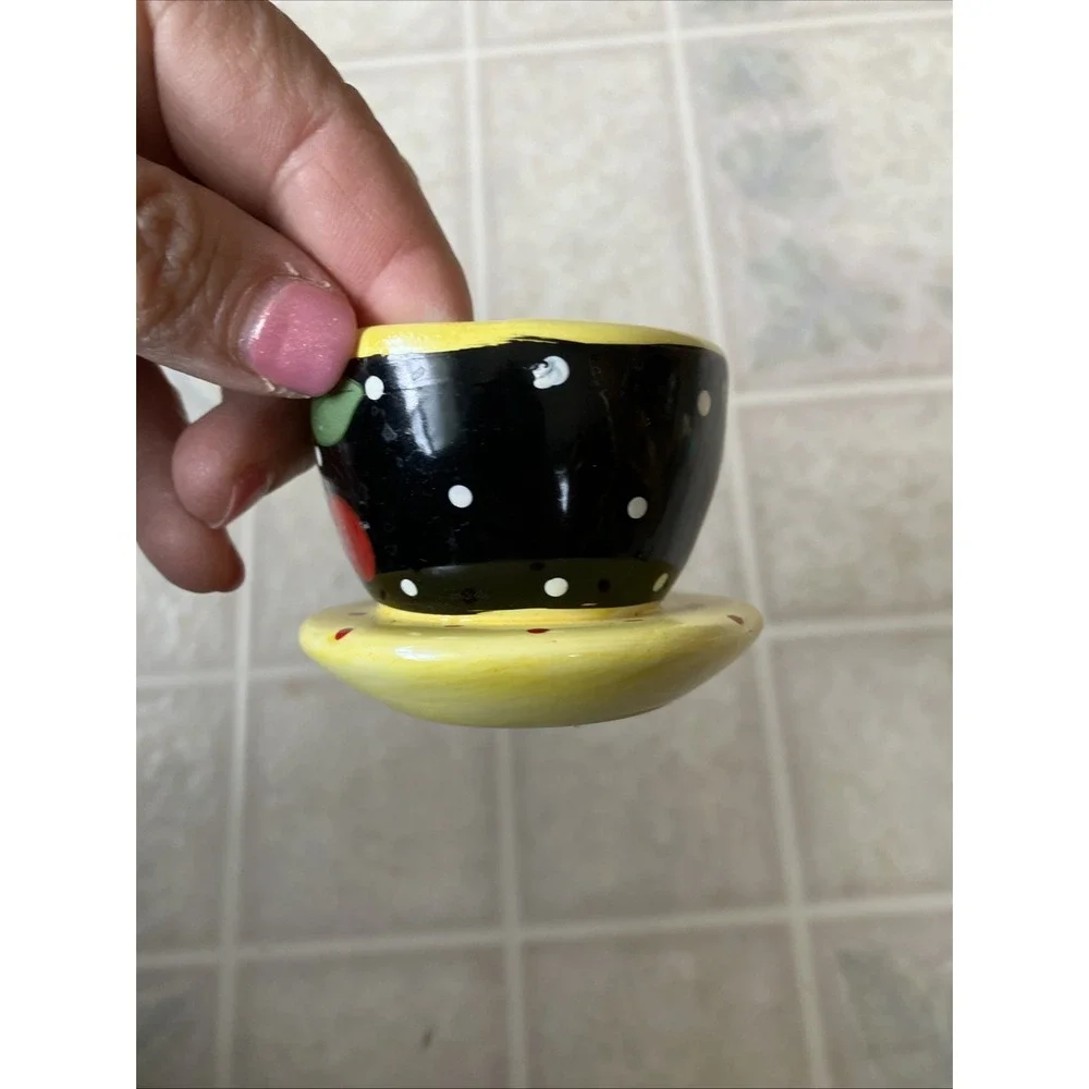 Mary Engelbreit Miniature Tea Cup On Saucer Ornament Cherry Black Polka‎ Dots 2